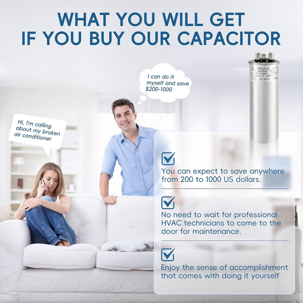 40+5 uF 40/5 MFD ±6% 370V/440VAC CBB65 Dual Run Circular Start Capacitor for Heat Pump Air Conditioner，Ten Years of Coverage