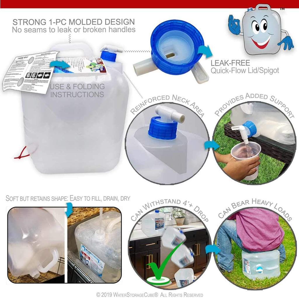 Collapsible Water Container with Spigot (5.3 Gal (4-Pack)) | BPA-Free Camping Water Storage Carrier Jug for Outdoors