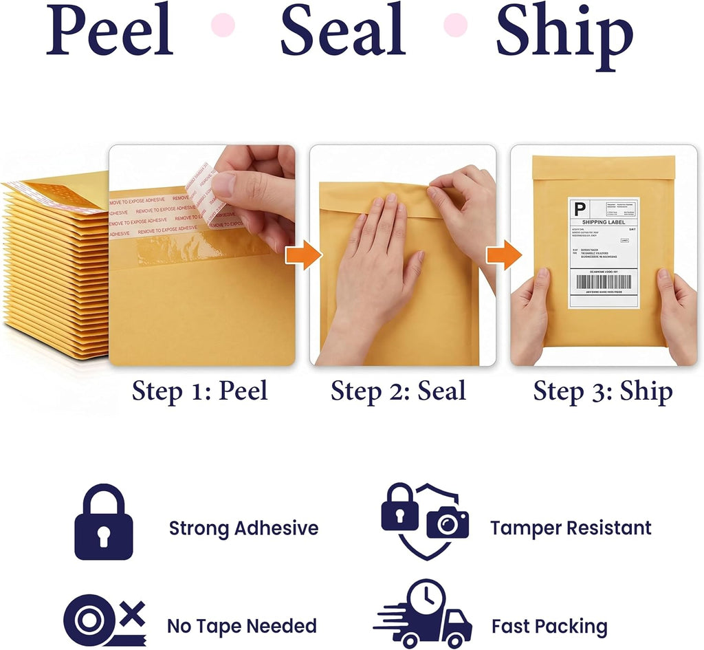 Self-Seal Kraft Bubble Mailers 12.5x19, 50-Pack Padded Envelopes