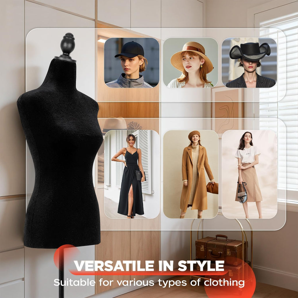 Female Mannequin Torso | Black | Lightweight | with 13.8" Height Adjustment, Dress Form Body with Wooden Tripod Base