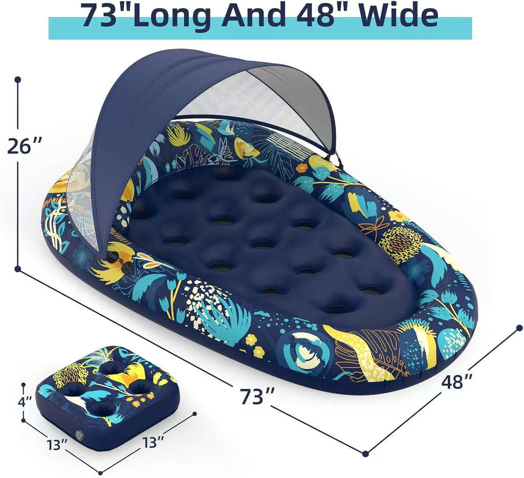 3-in-1 Pool Floats with Canopy Cup Holder, Tanning Pool Large 73" x 48" Float Adult Heavy Duty, Inflatable Lounger