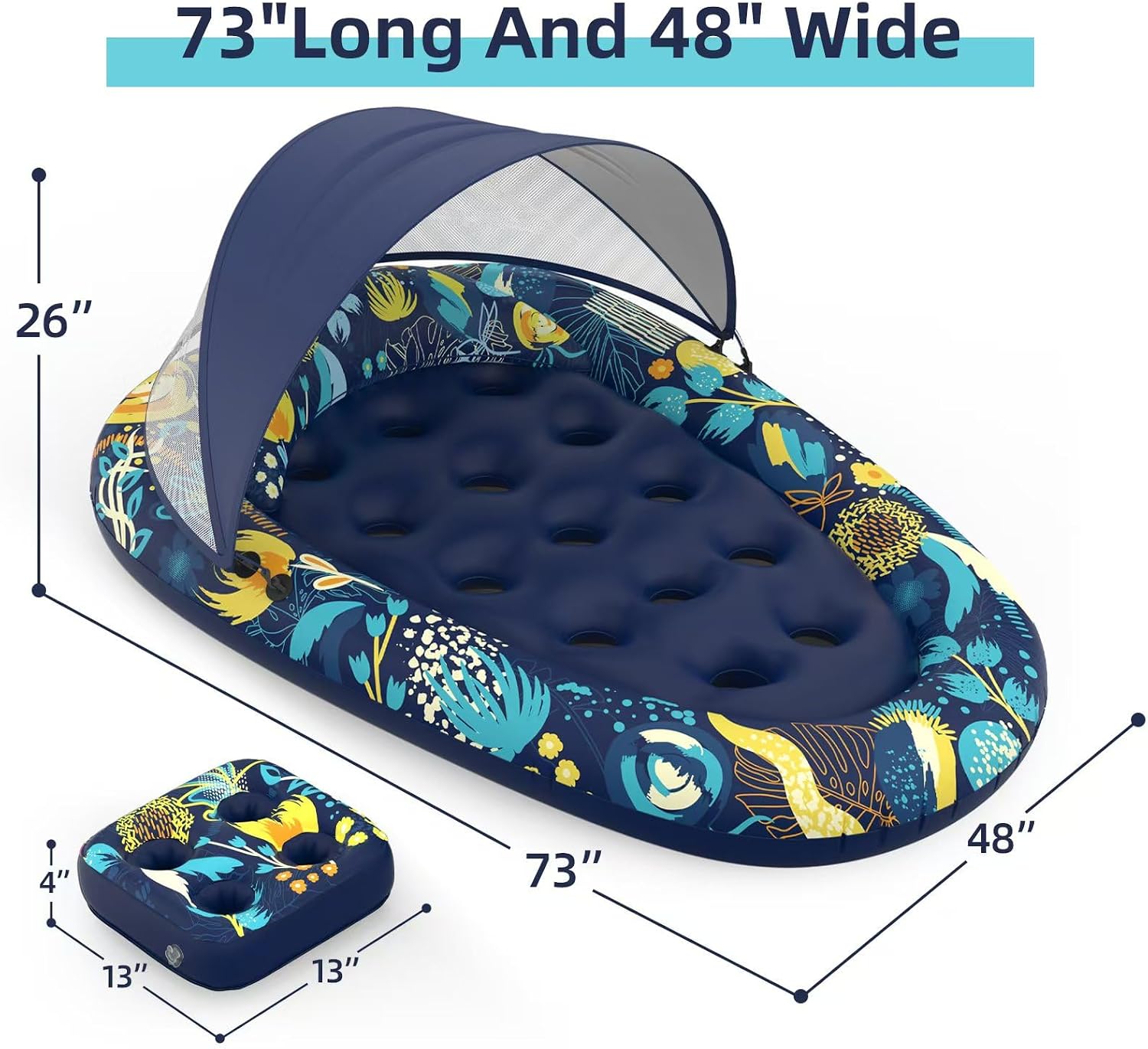 3-in-1 Pool Floats with Canopy Cup Holder, Tanning Pool Large 73" x 48" Float Adult Heavy Duty, Inflatable Lounger