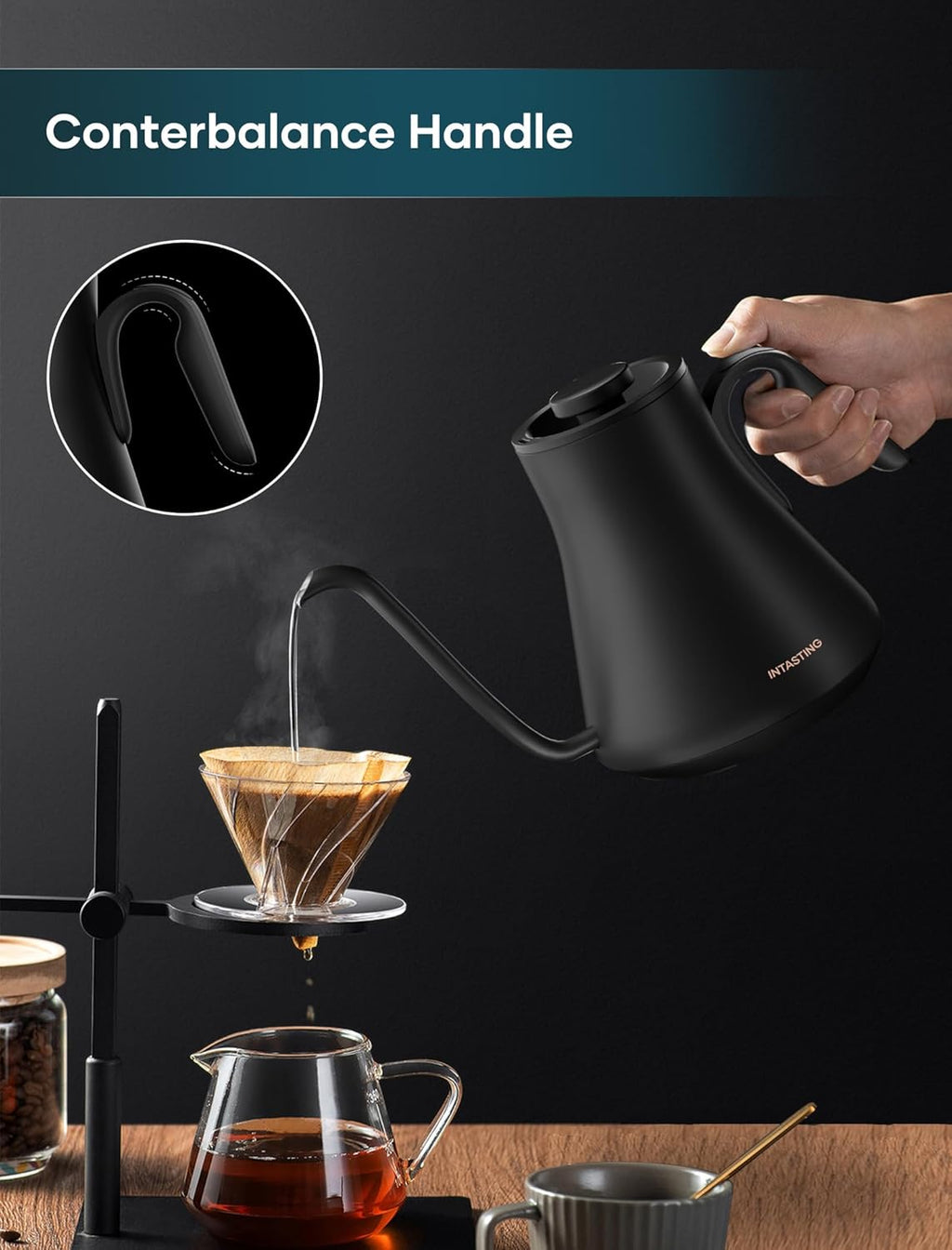 Gooseneck Electric Kettle with 1℉ Temperature Control, 0.9 Liter | Fast Heating, Stainless Steel Interior, for Pour