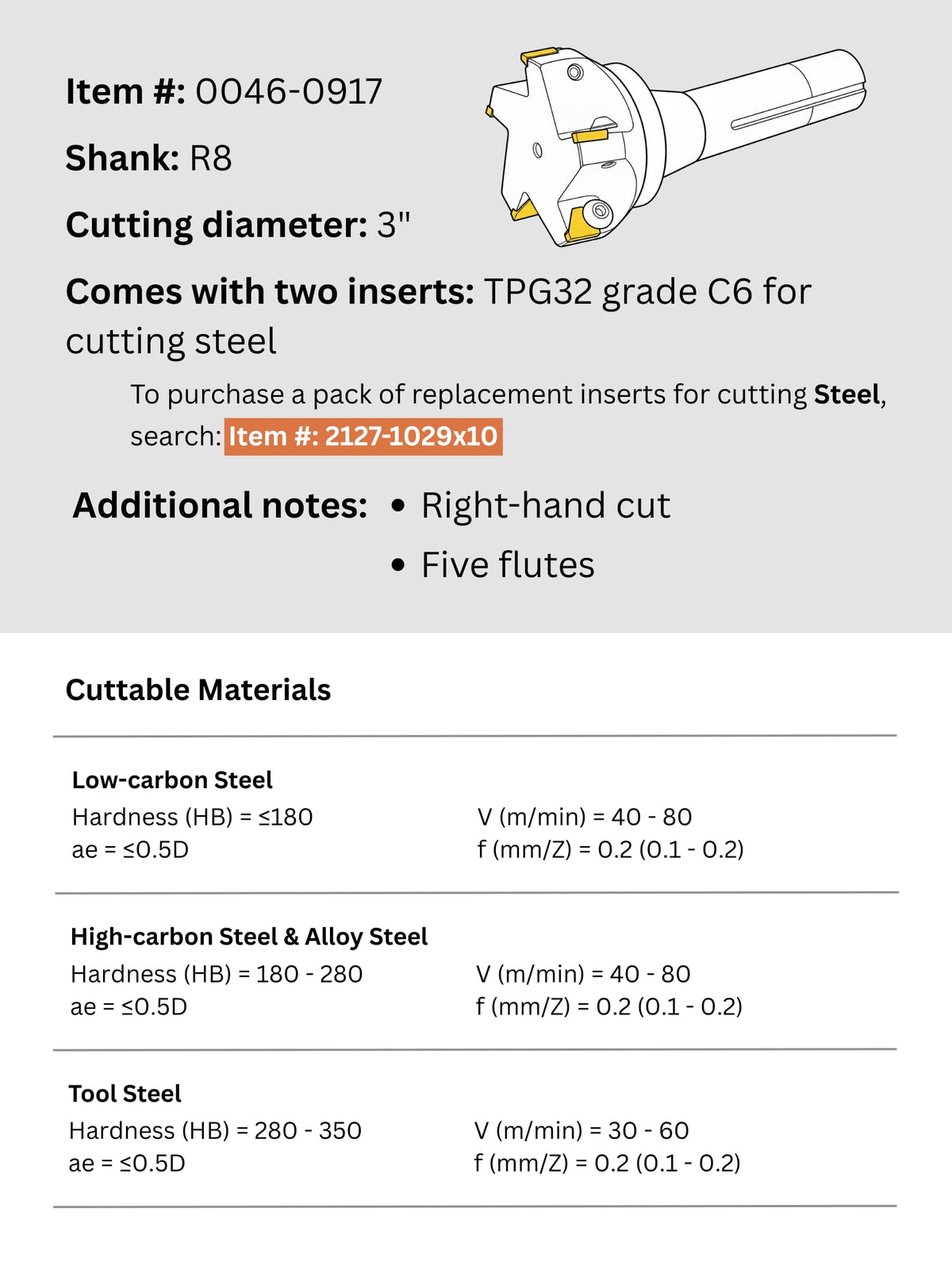 Accusize Industrial Tools Indexable End Mill, 3", 0046-0917
