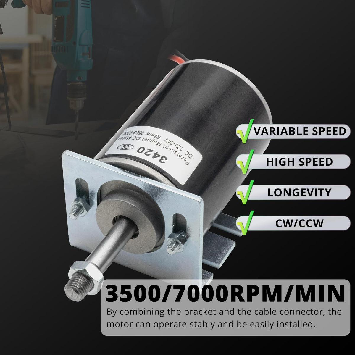 MAKERELE High Torque DC Motor 12V/24V 30W, Short Shaft, 3500/7000RPM