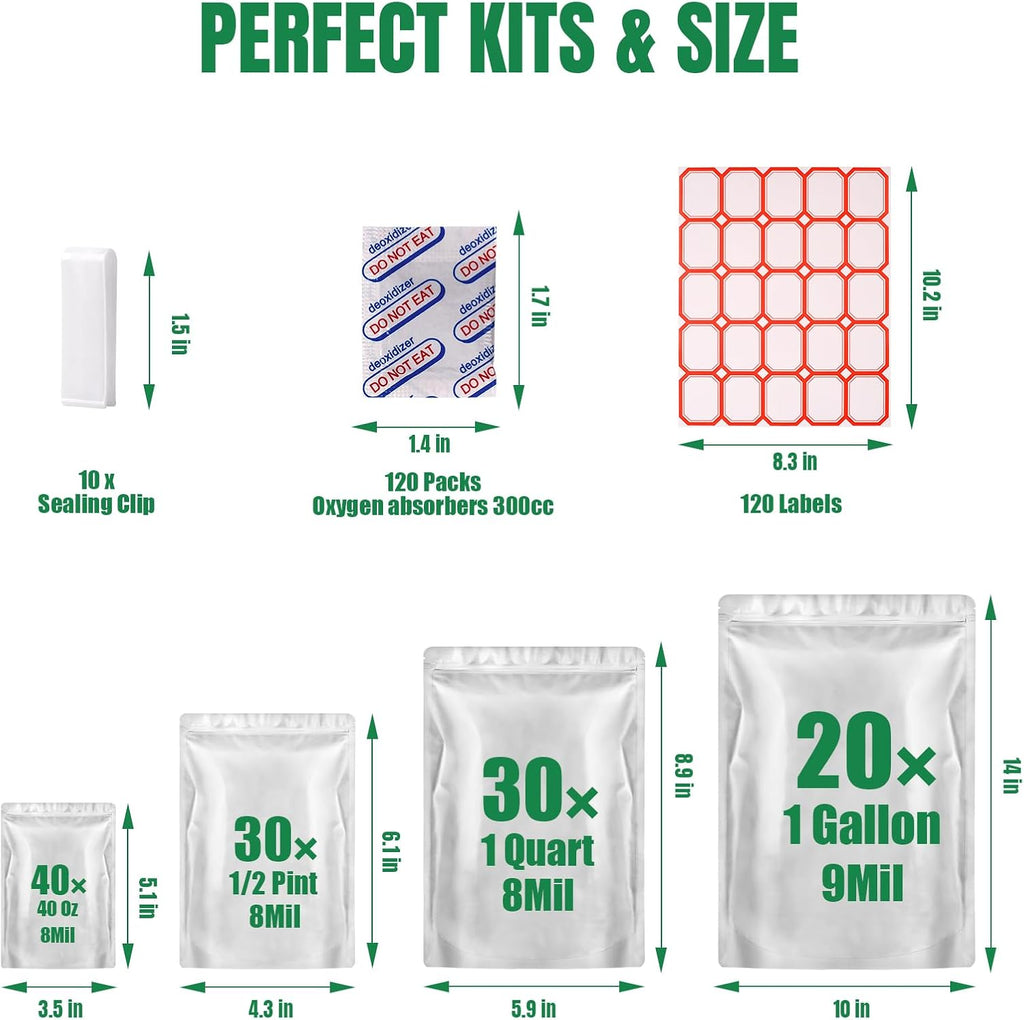 120 Mylar Bags with 120 x 300cc Oxygen Absorbers for Food Storage | 9 Mil Thick, 4 Sizes (1 Gallon, 1 Quart, 1/2