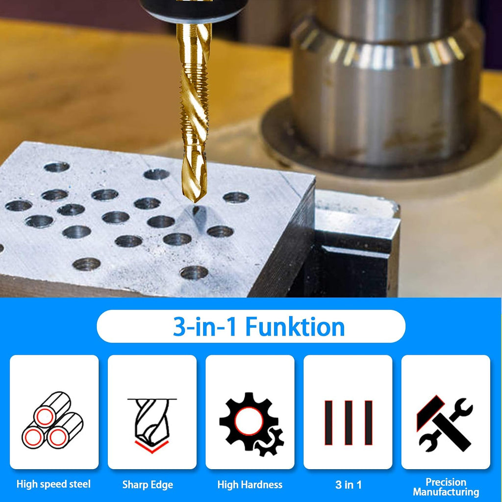 6-pc 10-32NC Combination Drill Tap Bit Set SAE, 10-32NC Thread Size, Titanium Coated High-Speed Steel, Ideal for Drilling Threading and Countersinking in Soft Metal Wood and Plastic, 1/4” Hex Shank