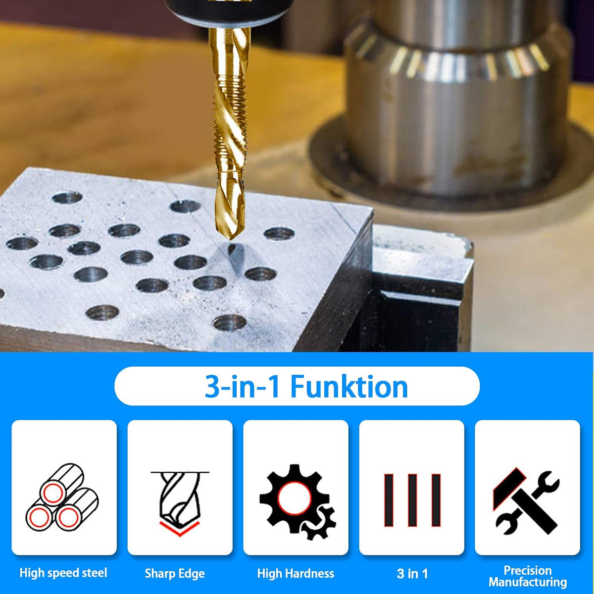 6-pc 10-32NC Combination Drill Tap Bit Set SAE, 10-32NC Thread Size, Titanium Coated High-Speed Steel, Ideal for Drilling Threading and Countersinking in Soft Metal Wood and Plastic, 1/4” Hex Shank