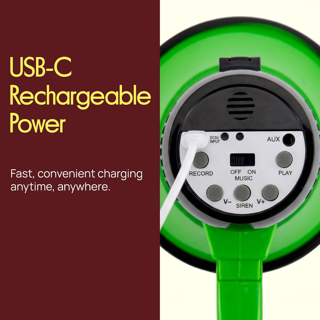 Rechargeable Bullhorn Megaphone with Voice Recording, AUX Input & Siren, USB-C Fast Charging, 1200-Yard Voice Range