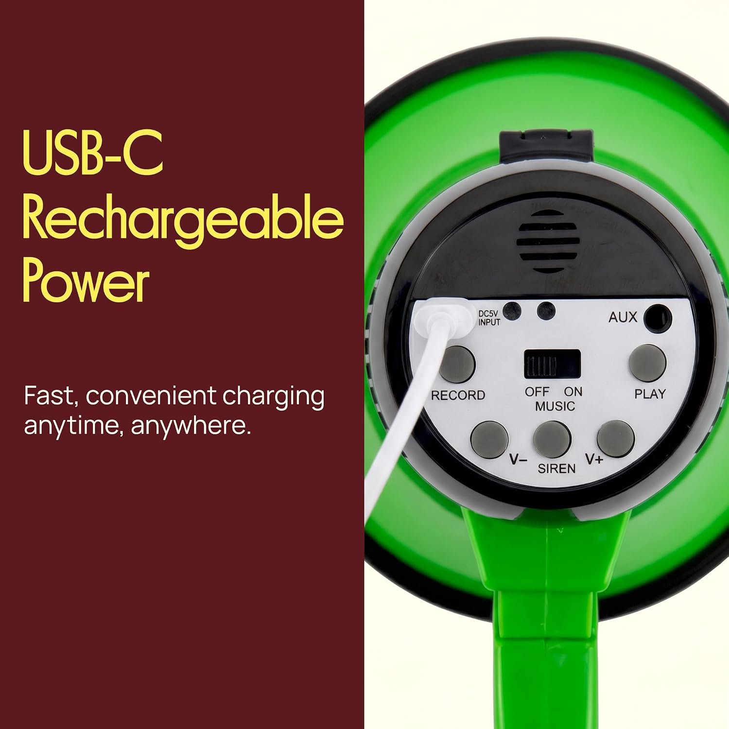 Rechargeable Bullhorn Megaphone with Voice Recording, AUX Input & Siren, USB-C Fast Charging, 1200-Yard Voice Range