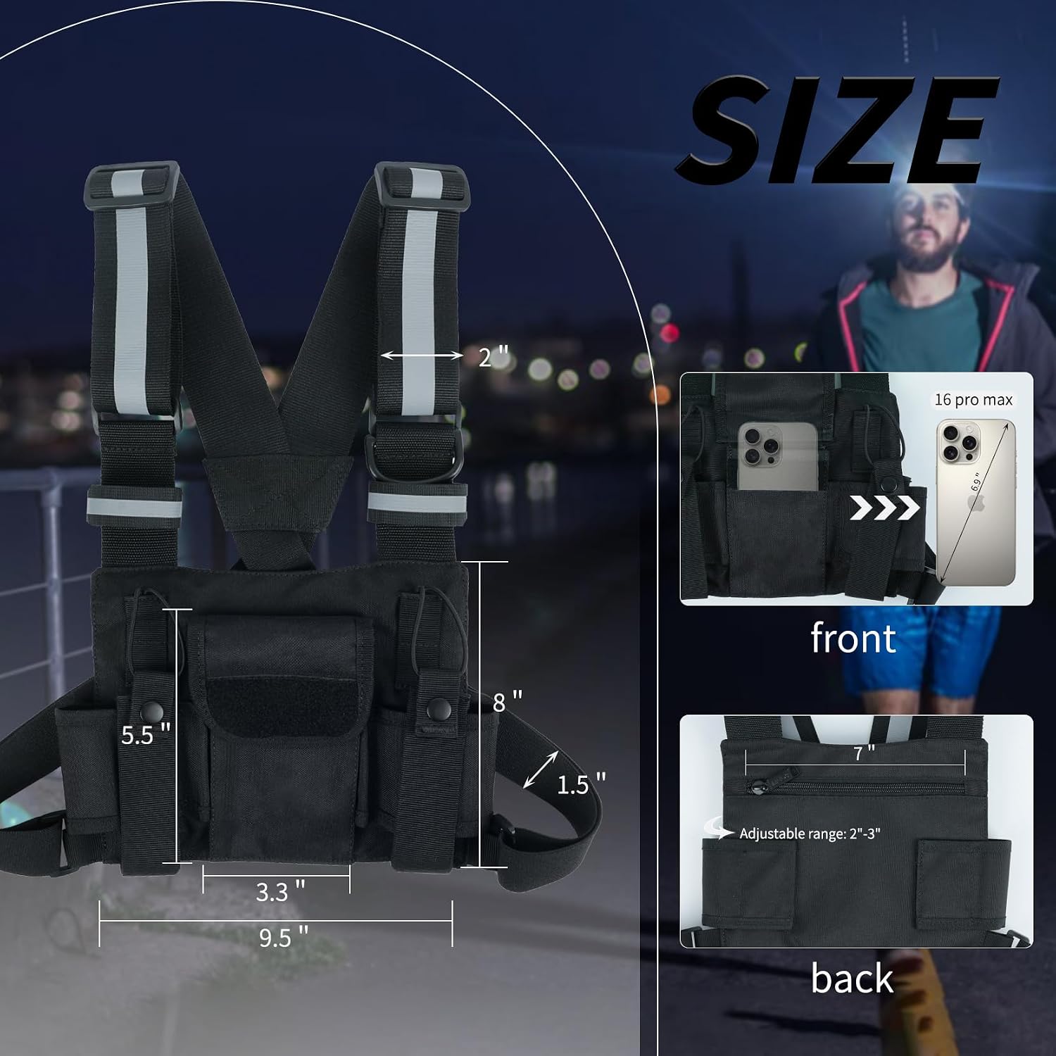 Radio Harness with Reflective Straps, Micro Rig Harness Chest Pack Tactical Vest Radio Holster Bag