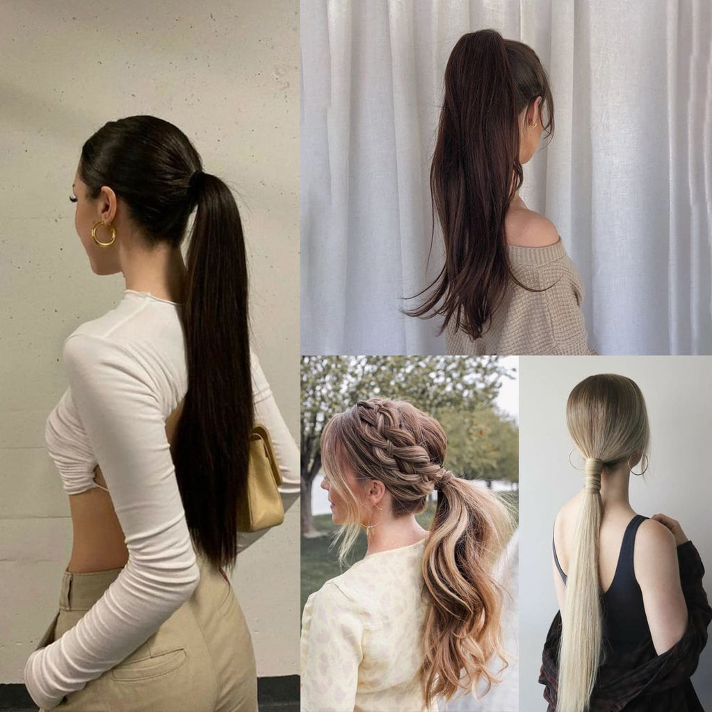 18" Wavy Ponytail Extension, Ash Blonde Mix Light Brown | Claw Clip, Long Pony Tails for Women, Wave Hairpiece