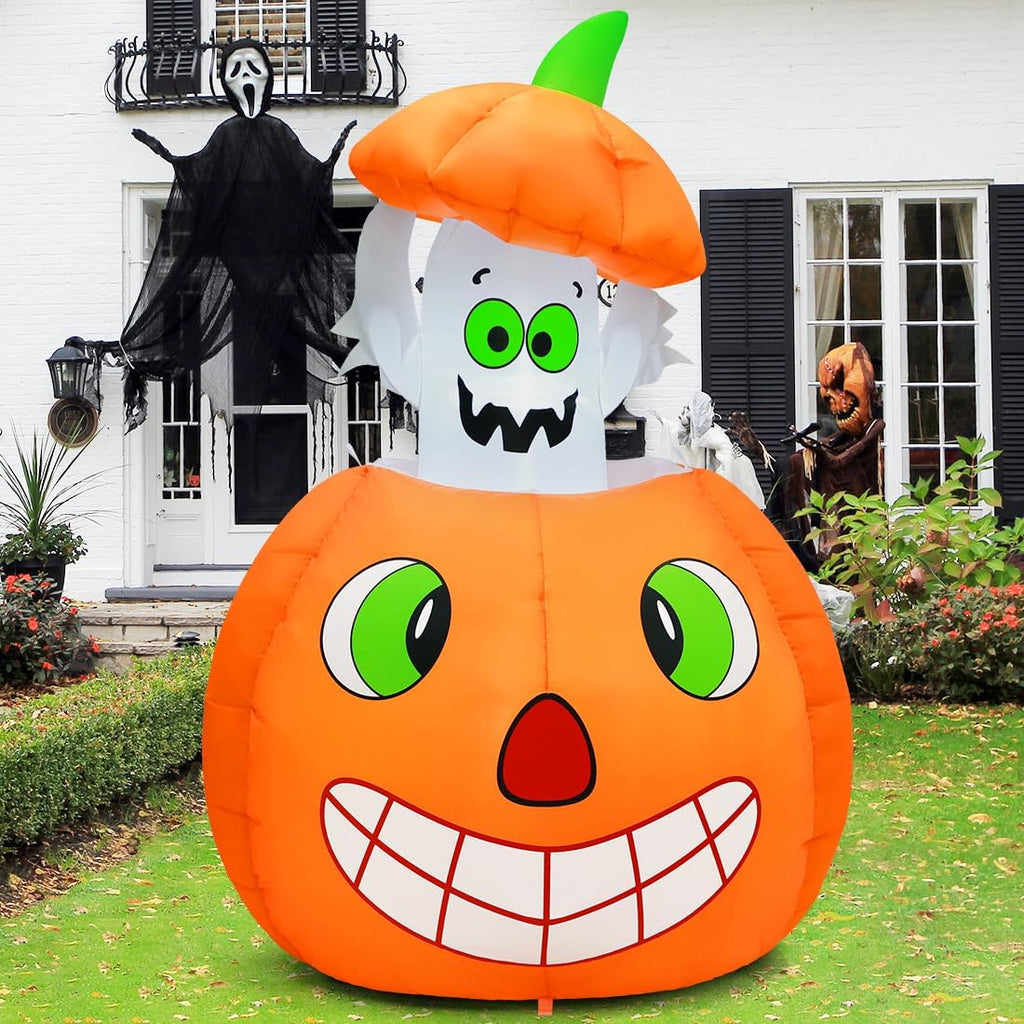 5 FT Halloween Inflatables Animated Pumpkin Ghost Outdoor Decorations Blow Up Yard with Built-in LEDs for Indoor