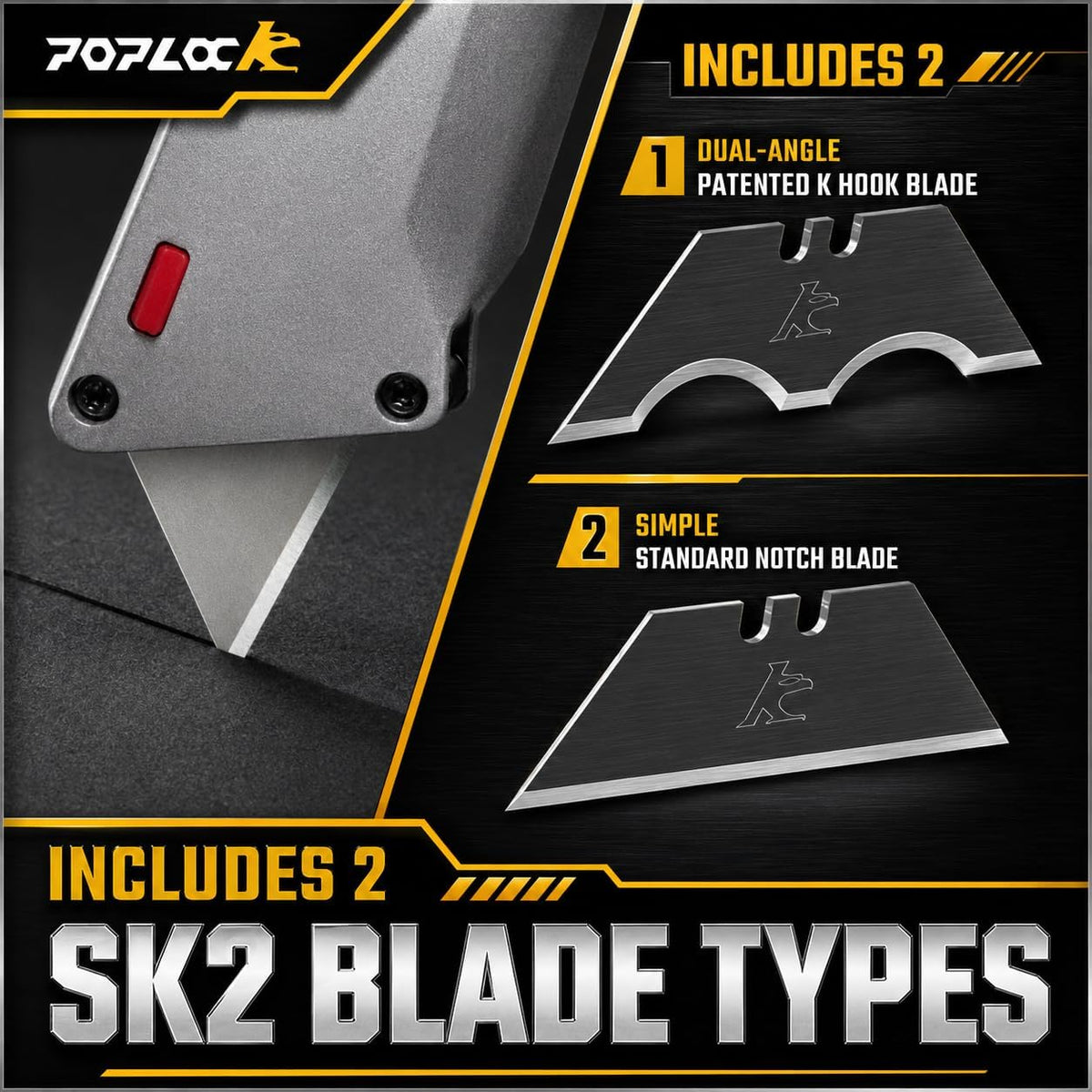 Folding Utility Knife with K-Hook & Straight Blade, Hook Blade Box Cutter for Cable Jacket, Duct, Drywall, Roofing &
