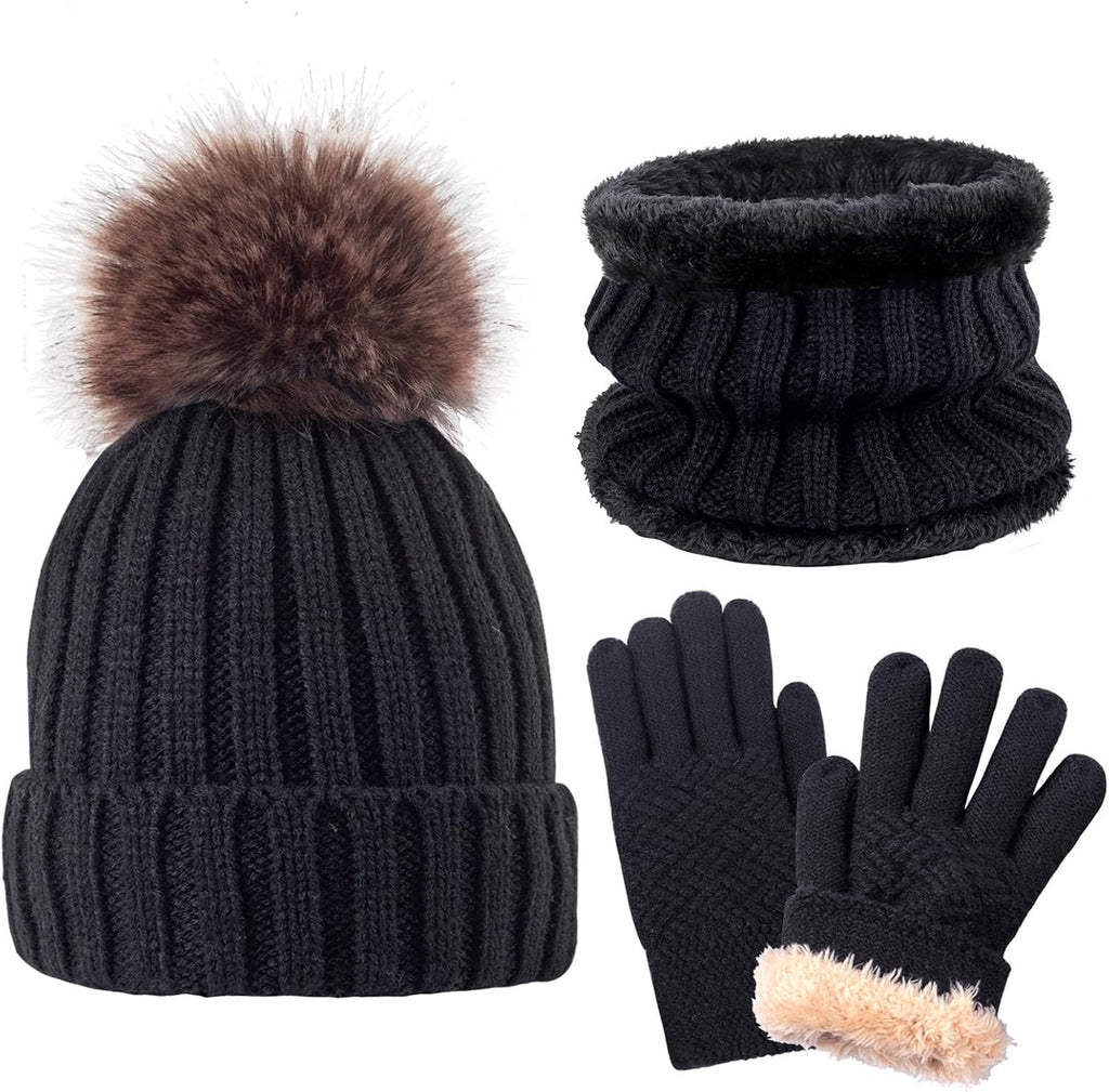 Kids Winter Knit Beanie Hat Scarf Gloves Set for Girls Boys Warm Thick Fleece Lined Cap with Pompom Mittens Neck Warmer