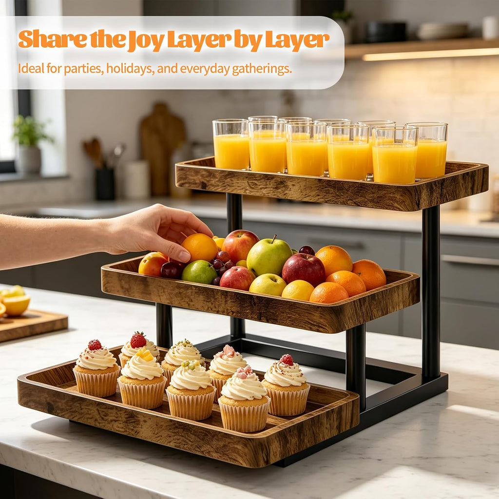 3 Tier Serving Tray for Party, Wood Cupcake Stand with Sturdy Metal Frame