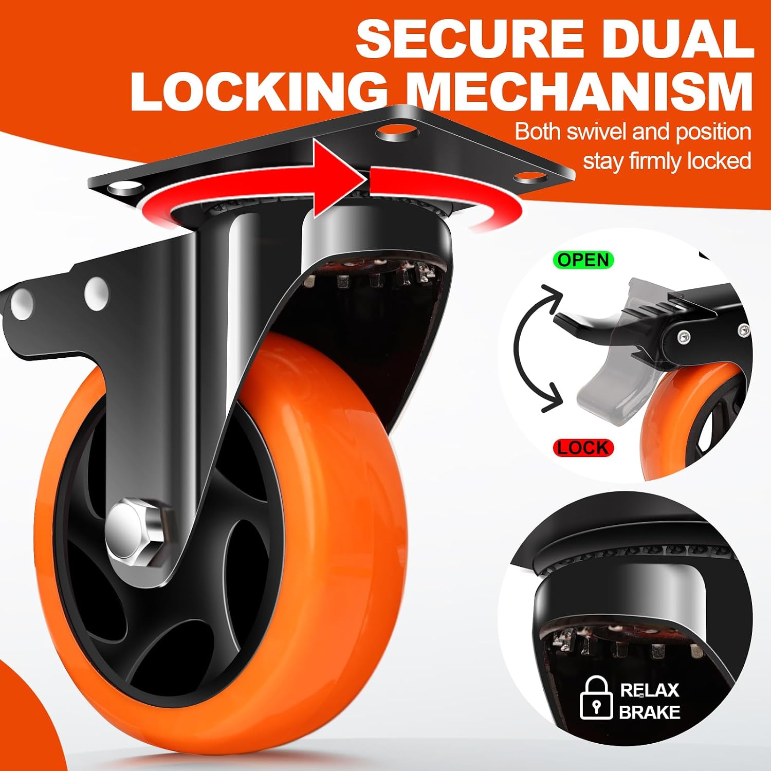 5 Inch Heavy Duty Orange Caster Wheel Set of 4,Dual Brake, Silence | Floor Protection, Stable Braking, Easy