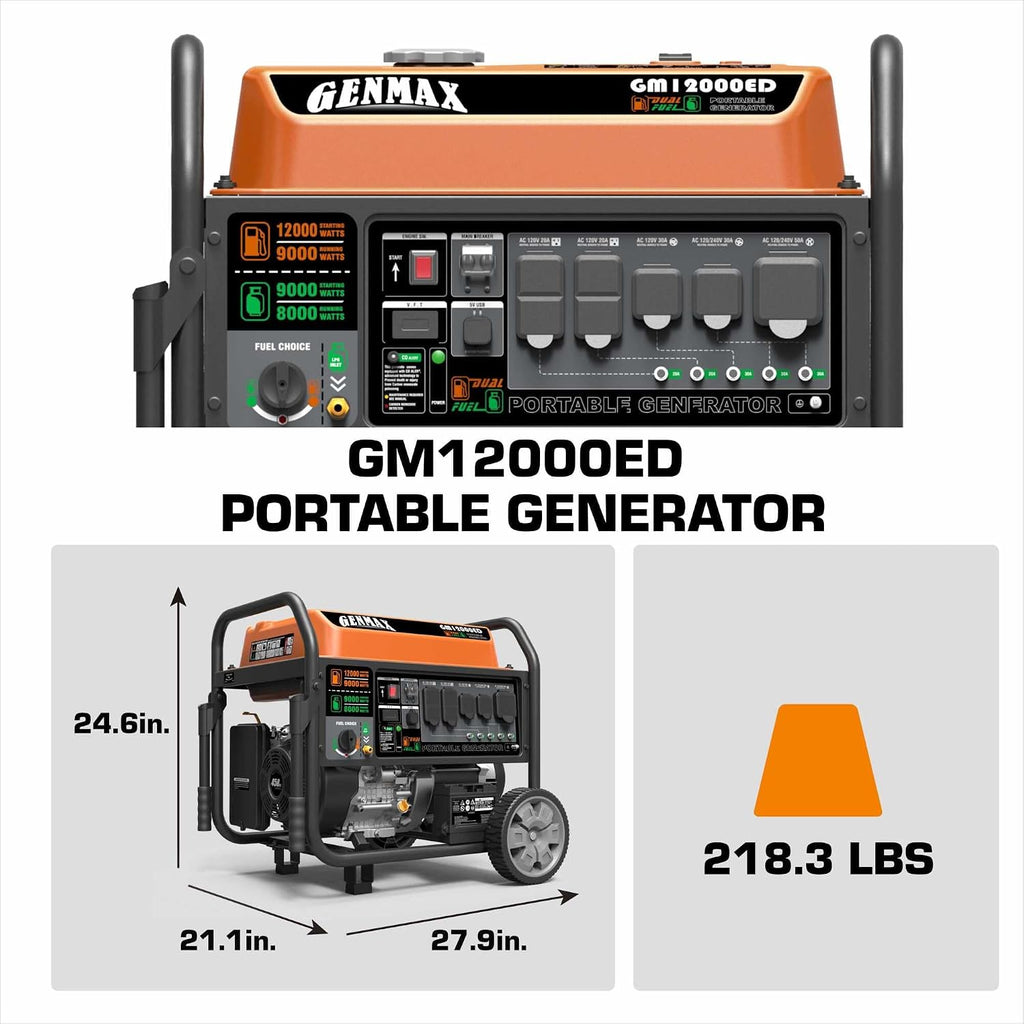 Dual Fuel Portable Generator，GM12000ED Gas or Propane Powered Electric Start-Home Back Up, EPA Compliant