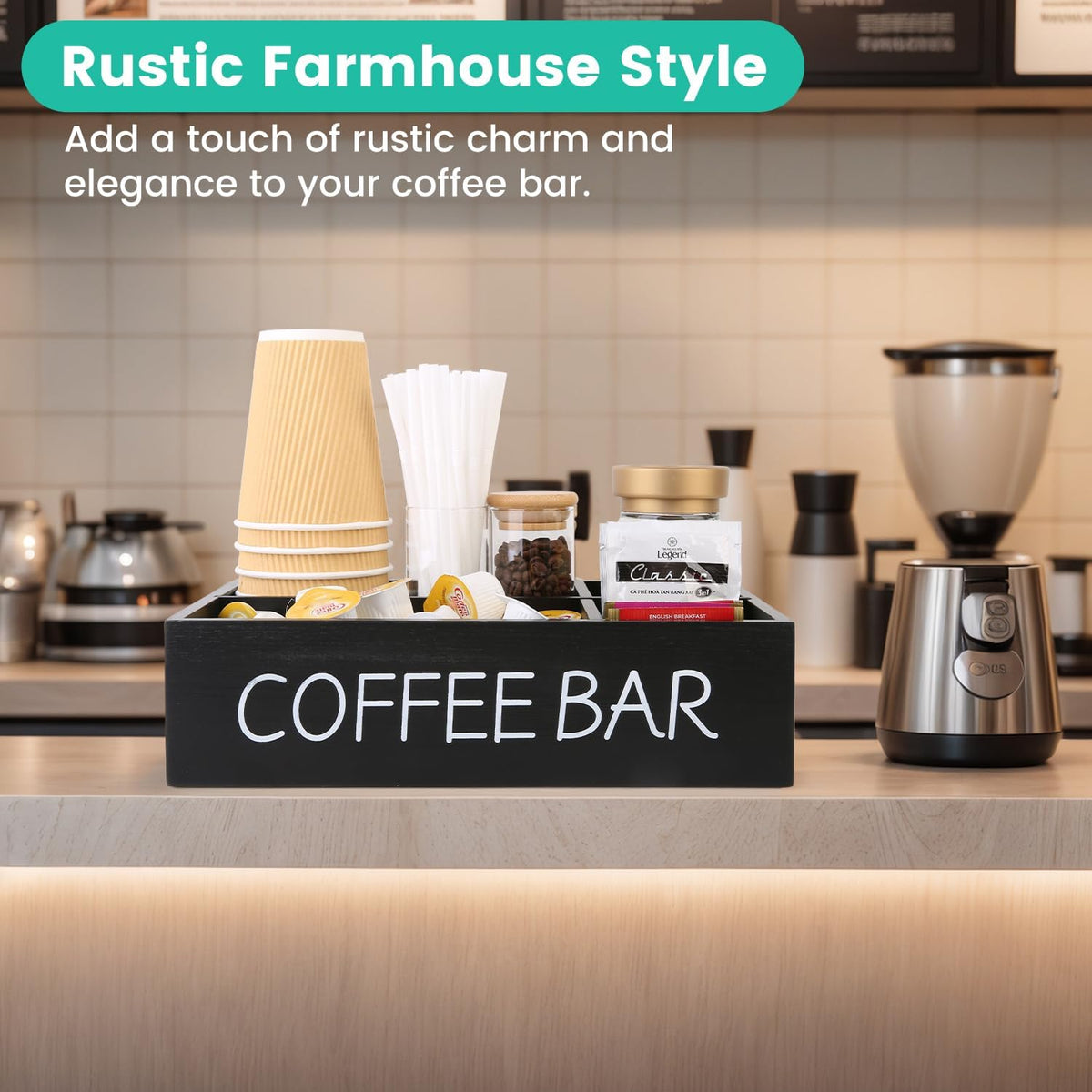 Coffee Bar Organizer – Wooden Coffee Station with 4 Compartments, Removable Dividers, and Condiment Storage for Home