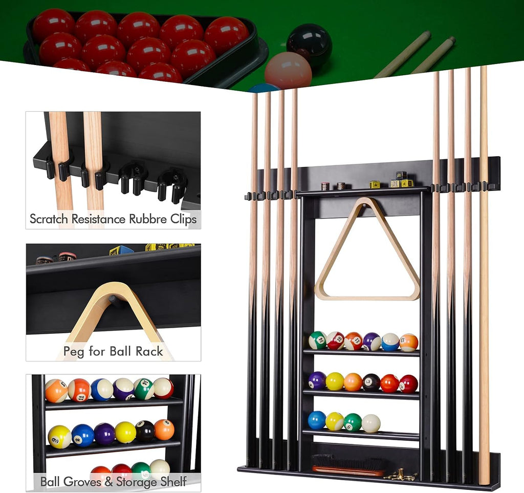Pool Cue Rack Wall Mount For 8 Cues, Balls & Billiard Accessories Storage | 100% Solid Pine Wood Pool Stick Holder