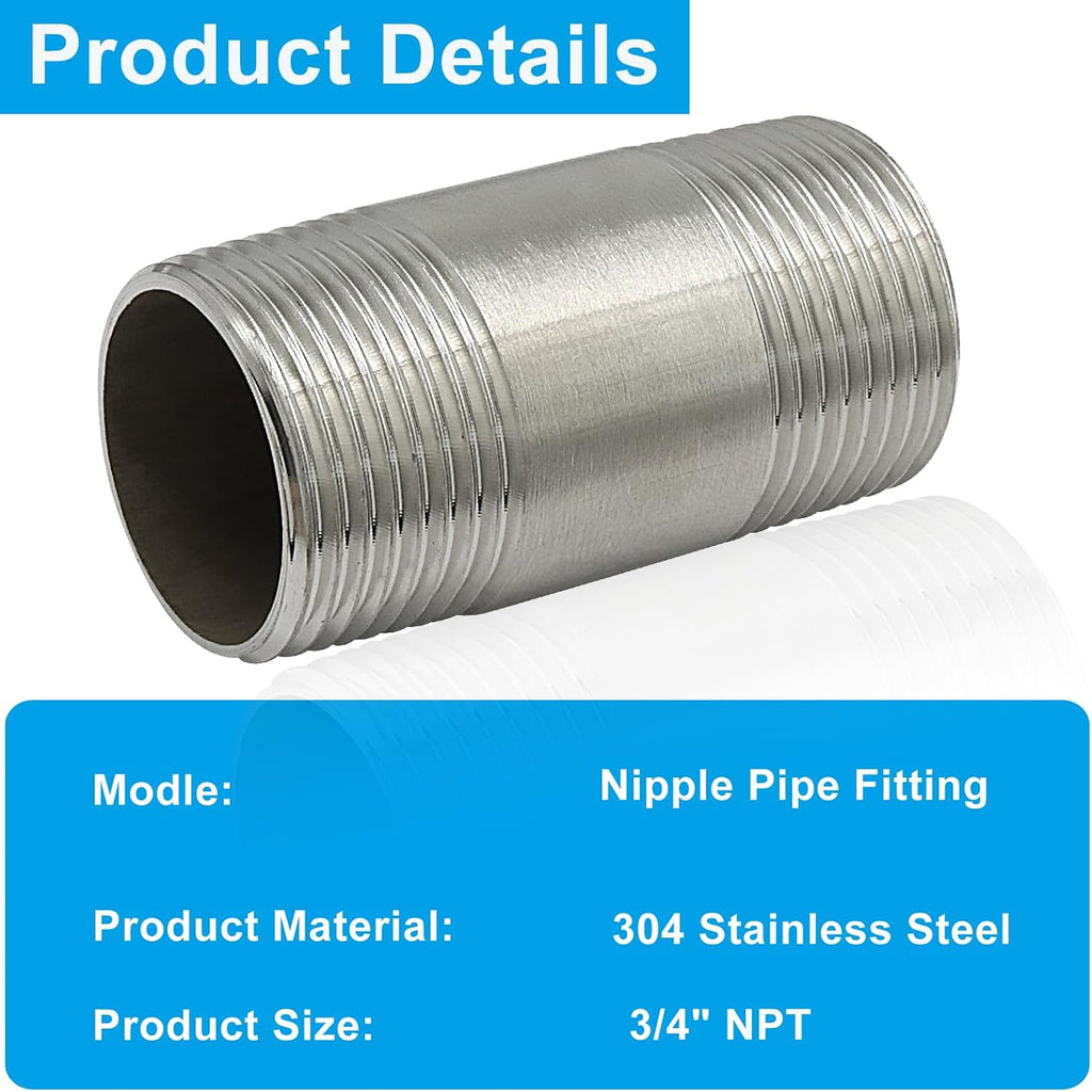 2" Stainless Steel Nipple Pipe Fitting, 3/4" NPT, 2 Pcs