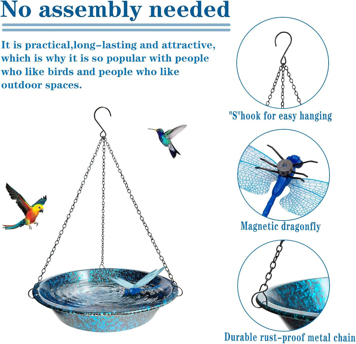 11.4" Hanging Bird Bath & Feeder Blueblack Metal Garden Decor
