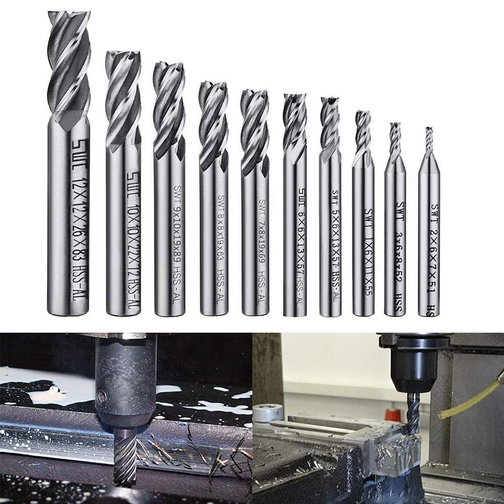 10Pcs 4-Flute End Mill Set, Metric CNC Milling Cutter Drill Bits Set 2-12mm