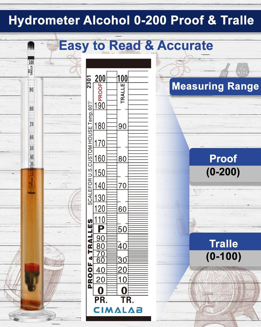 Hydrometer Alcohol Meter Kit, Hydrometer Alcohol 0-200 Proof & Tralle with Hydrometer Test Jar, Alcohol Proof Tester