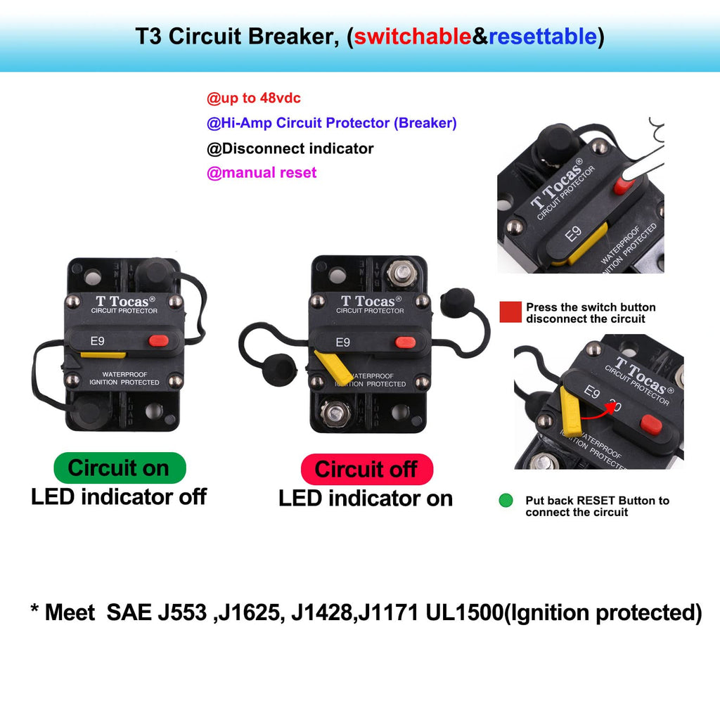 T Tocas 3/8" Studs 200A Amp Circuit Breaker Switch Button w/LED Indication