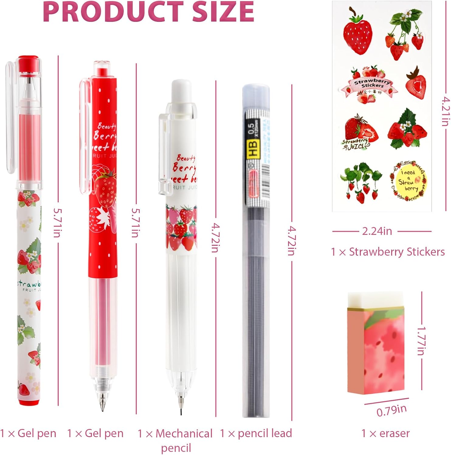 Cute Strawberry Pens Set Include Kawaii 0.5mm Strawberry Mechanical Pencil,Mechanical Pencil Lead Refills,Erasers,Gel