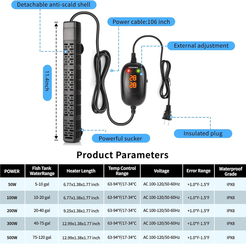 Aquarium Heater, 50W/100W/200W/300W/500W Submersible Fish Tank Heater with Over-Temperature Protection and Automatic