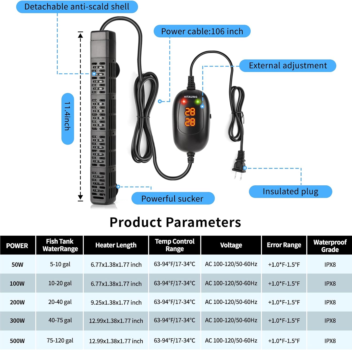 Aquarium Heater, 50W/100W/200W/300W/500W Submersible Fish Tank Heater with Over-Temperature Protection and Automatic