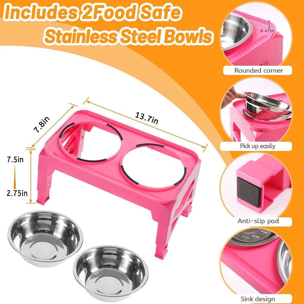 Elevated Dog Bowls with 2 Stainless Steel Dog Food & Water Raised Bowls with No Spill Edge Non-Slip Stand Adjusts to