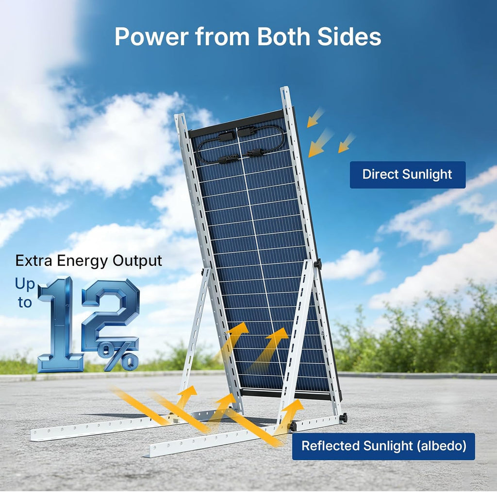 100W Bifacial Solar Panel,N-Type 12V 18BB 25% High-Efficiency A+ Monocrystalline Cell IP68 Waterproof Solar Panel for
