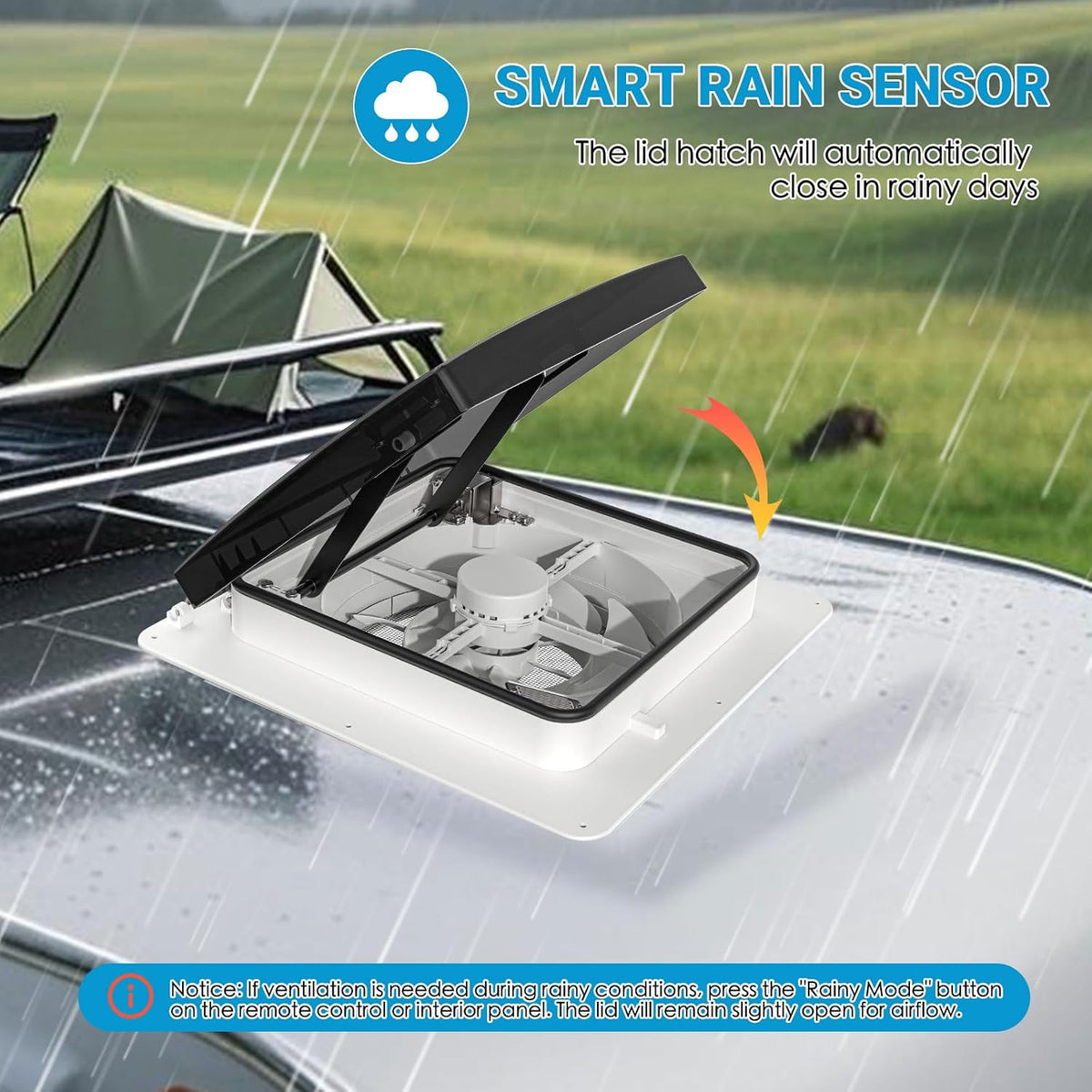RV Roof Vent Fan 14x14, Quiet 12V(24V Max) with Remote Control &Rain Sensor