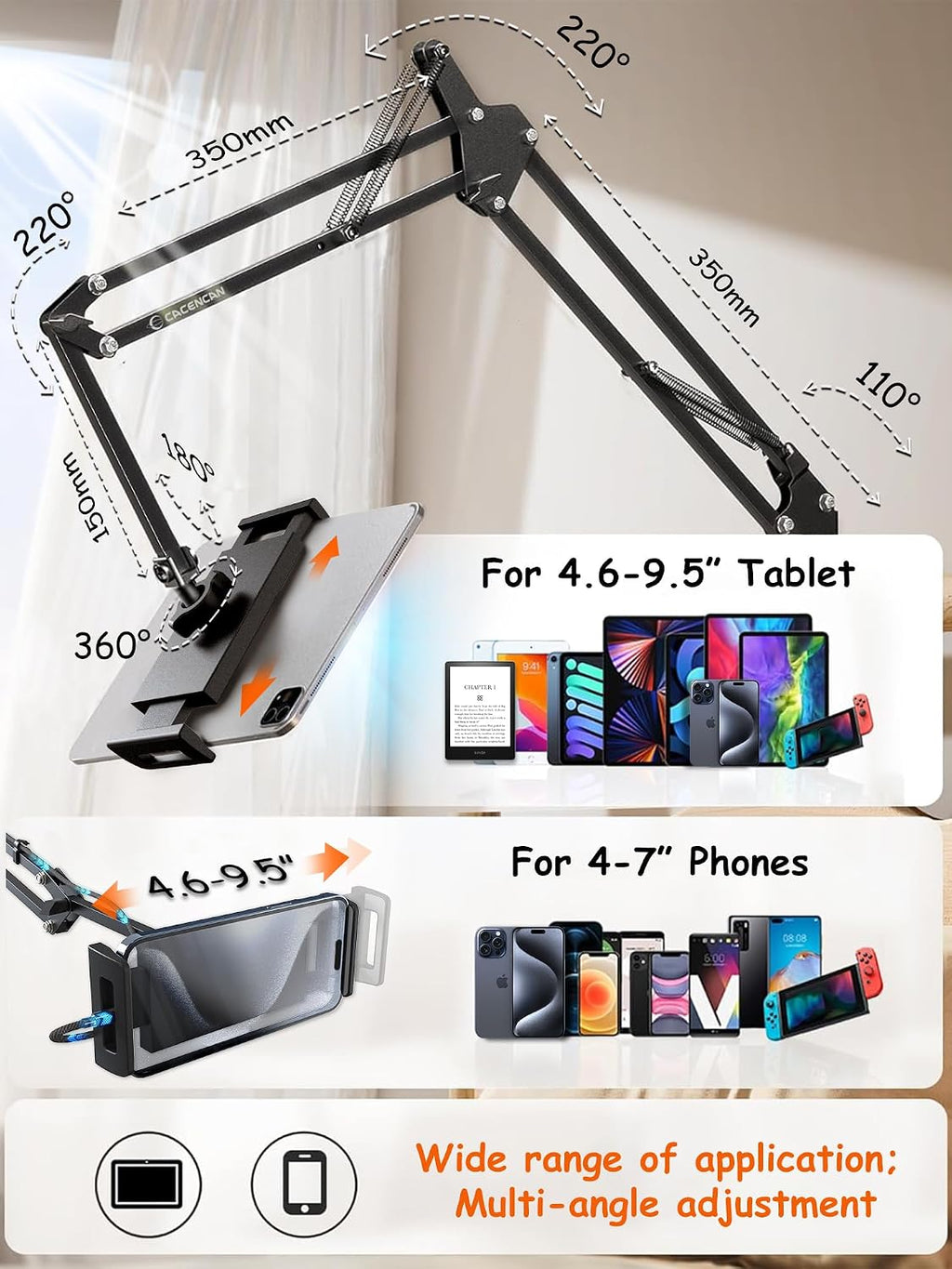 33.5 Inch Tablet Stand, Adjustable Gooseneck Tablet Arm, Universal Tablet Holder Stand for Bed Desk, 360° Rotation