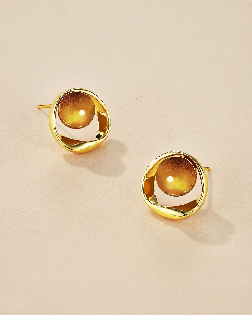 18K Gold Plated Brown Resin Stud Earrings for Women, Amber Round Ball Open Circle Earrings, Sculptural Gold Statement