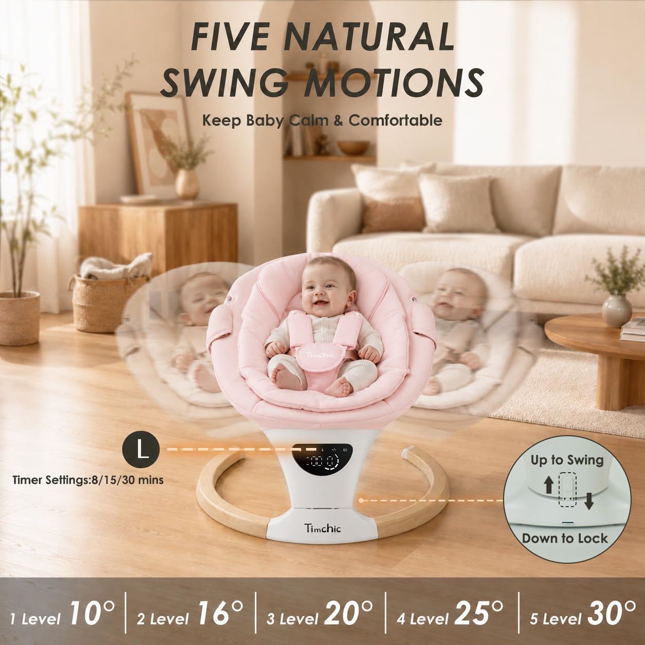 Baby Swing for Infants, Portable Electric Swing with Auto-Rocking Detection, 5 Speeds, 3 Heights, Remote Control, for