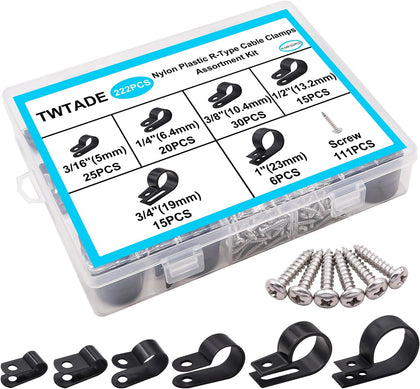 222PCS Black Cable Clamps Assortment Kit,Nylon Plastic R-Type 6 Sizes 3/16'' 1/4'' 3/8'' 1/2'' 3/4'' 1'' Cable