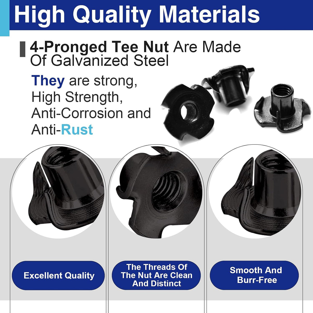 50PCS 5/16"-18 T Nuts for Wood, Carbon Steel 4-Prong Tee Nuts
