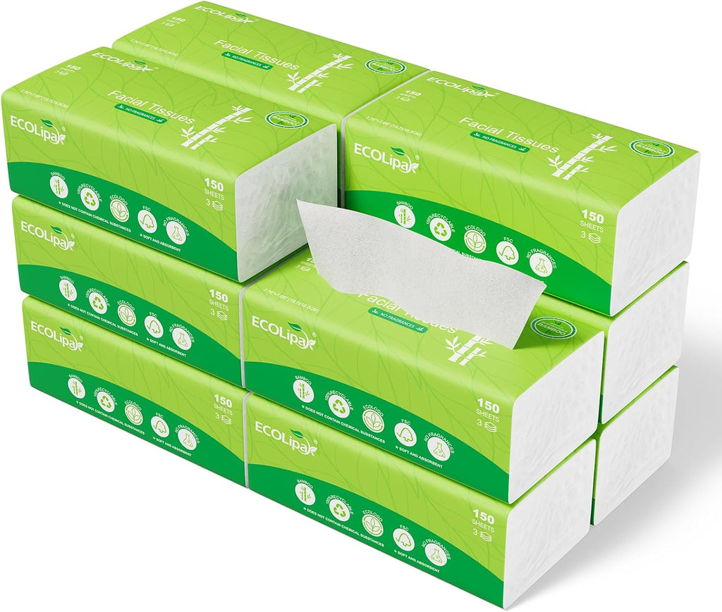Bamboo Facial Tissues, 12 Packs, 1800 Sheets Total, 3-Ply