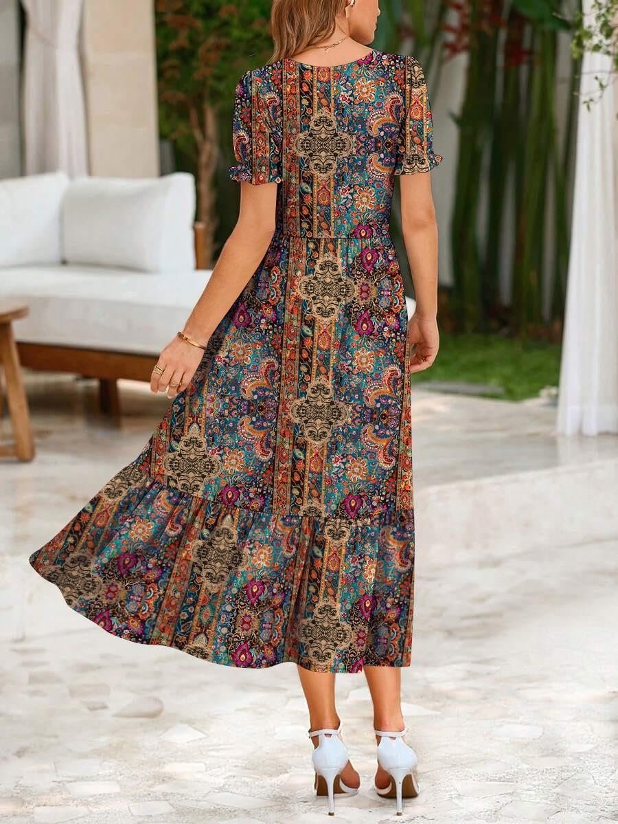 Summer Dresses for Women Flowy Casual Midi Dress Short Sleeve Tiered Dress Beach Vacation Sundresses with Pockets