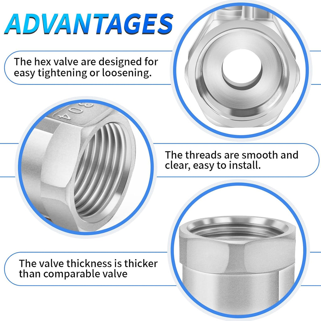 ChillWaves 304 Stainless Steel 1 PC Type Ball Valve，1/4" NPT Female Standard Port with Hex Nipple(2-SET)