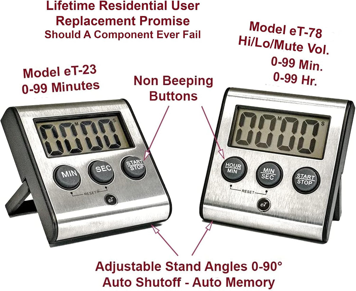 Elegant Digital Kitchen Timer Stainless Steel - Loud Alarm - Model eT-23