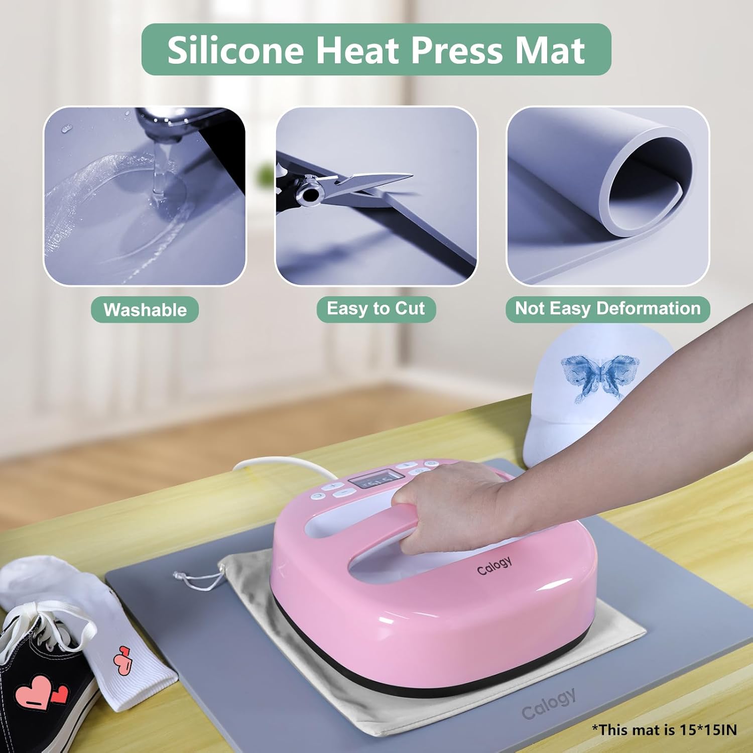 Heat Press Mat Silicone 15x15 inch, Heat Press Pad Resistant Fireproof 0.34in Thickness, Double Sided Easy Washable