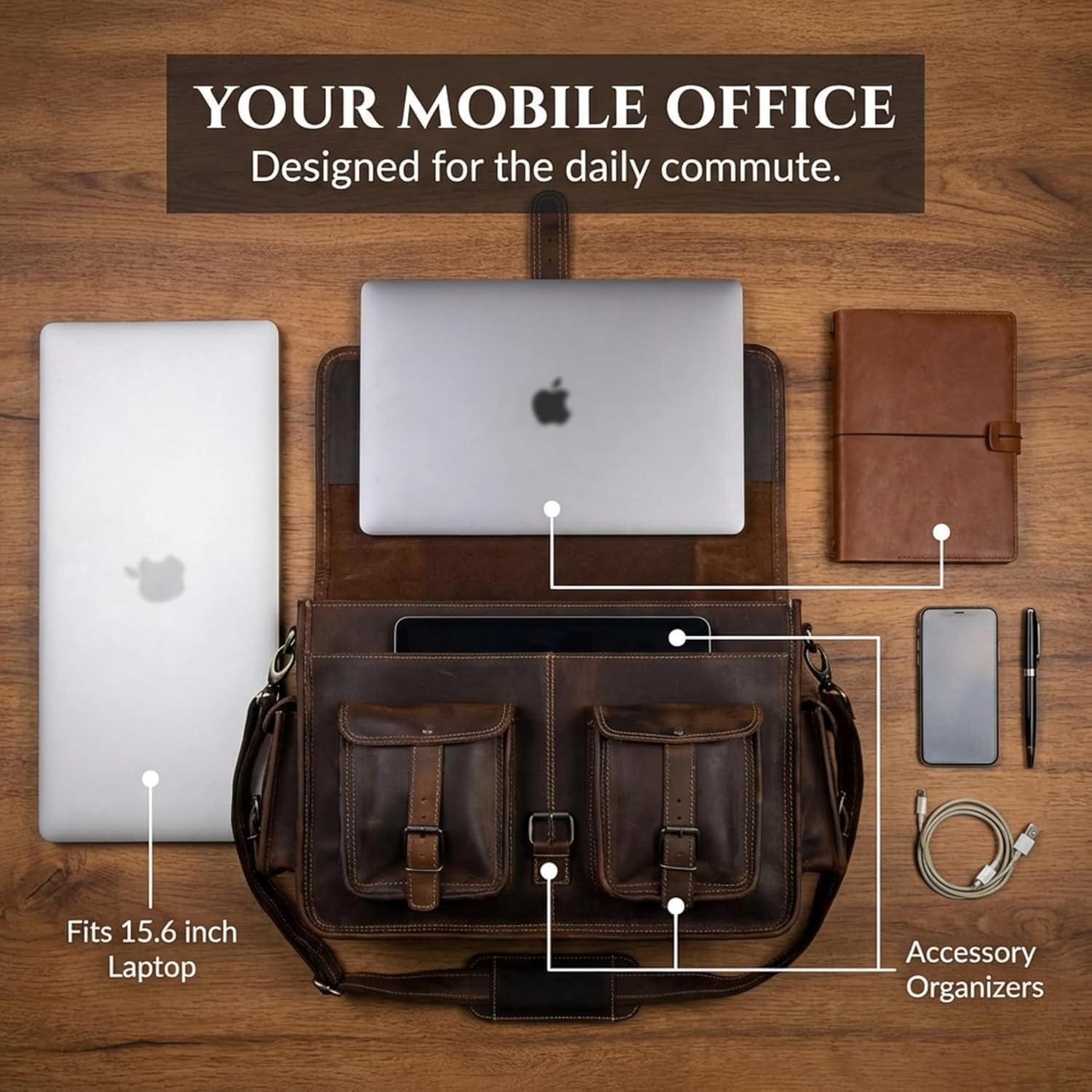 Leather Briefcase Work Bag for Men Women Dark Brown Crossbody Genuine Leather Satchel Office Bag for Men Women 18