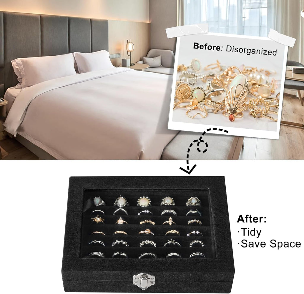 Velvet Ring Organizer Box, 7 Slots Jewelry Holder with Glass Lid Earring Display Tray Storage Case Gift for Women and