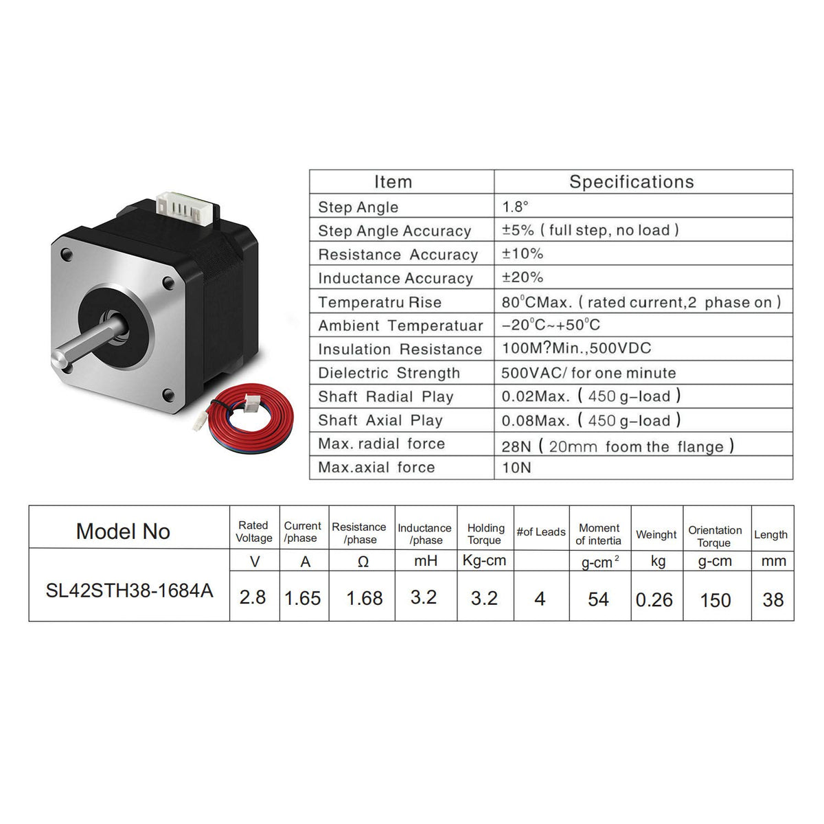 [5pcs of Pack] Nema 17 Stepper Motor, 17HS4401 2 Phase Step Motor Bipolar 1.5A 59.5oz.in(42Ncm) 42x42x38mm 4-Wire 1M Long Cable for 3D Printer