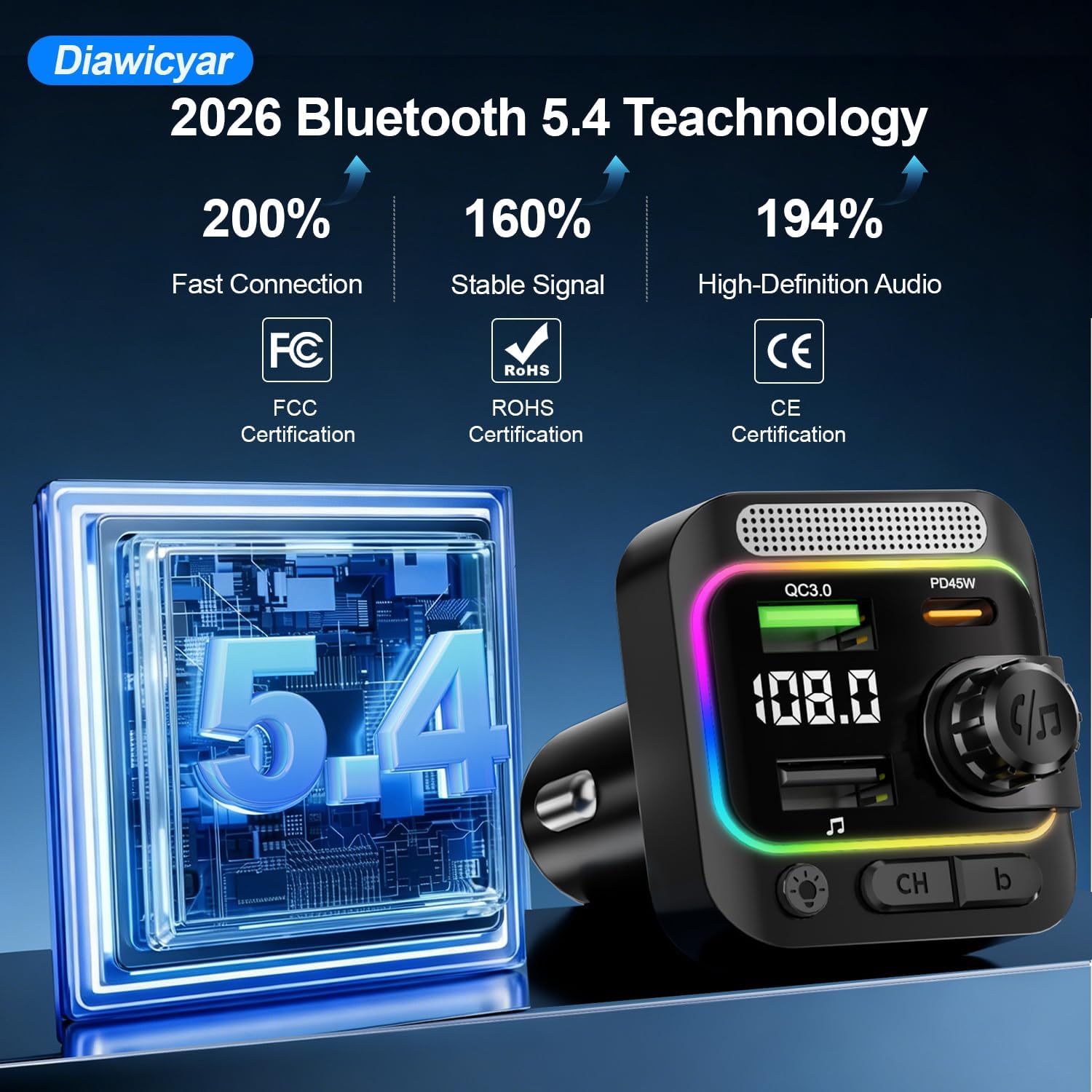 63W FM Transmitter Bluetooth Car Adapter, Wireless FM Bluetooth Transmitter | [PD 45W & QC3.0] Fast Charge, Deep Bass