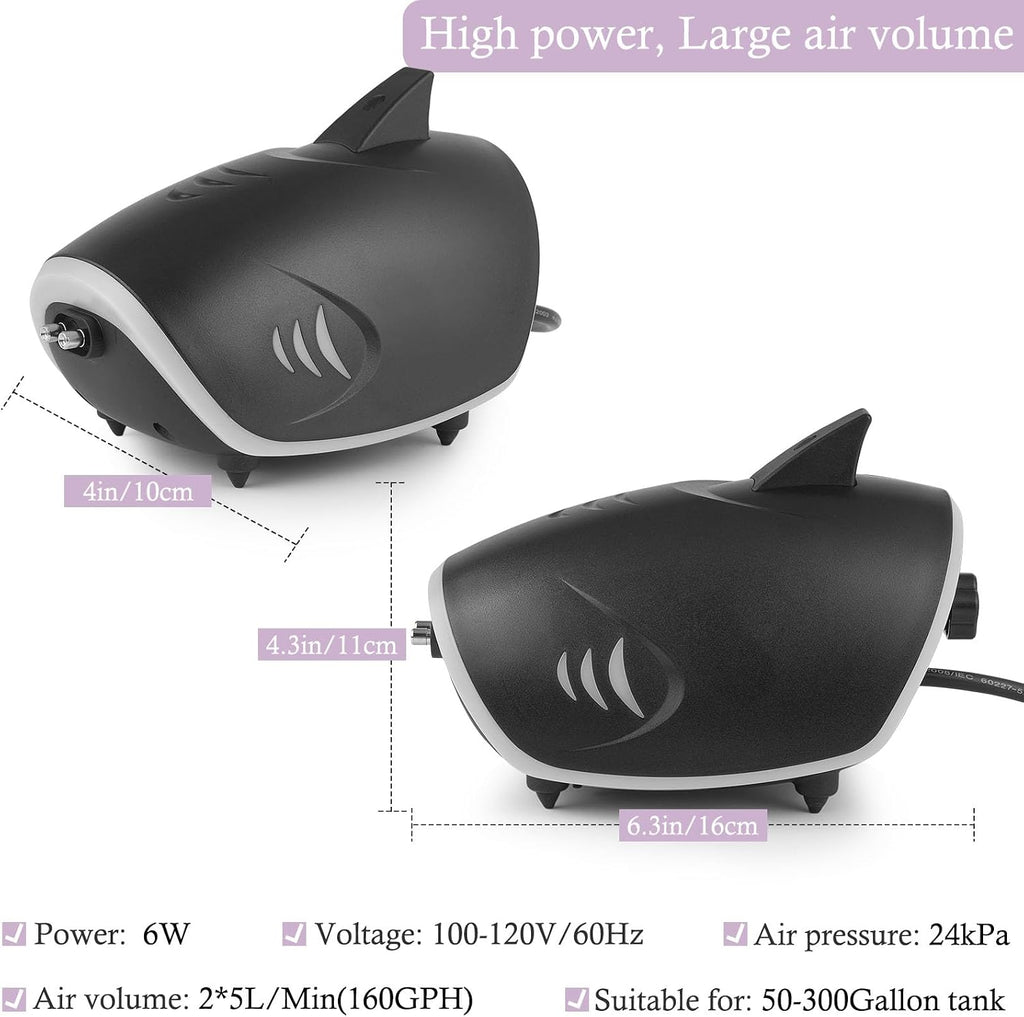 6W Silent Aquarium Air Pump - 160GPH Large Air Volume Fish Aerator, Adjustable Oxygen Pump for Fish Tank up to 300
